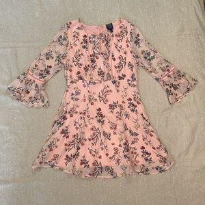 Pink floral tie-neck mini dress, size S